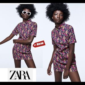 Zara pink printed multicoloured high collar short sleeve mini dress size S NWT
